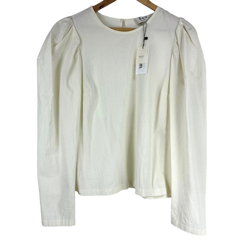 Sea New York NWT Long Sleeve Seersucker Ivory Top Boat Neck Size 6 Keyhole Back